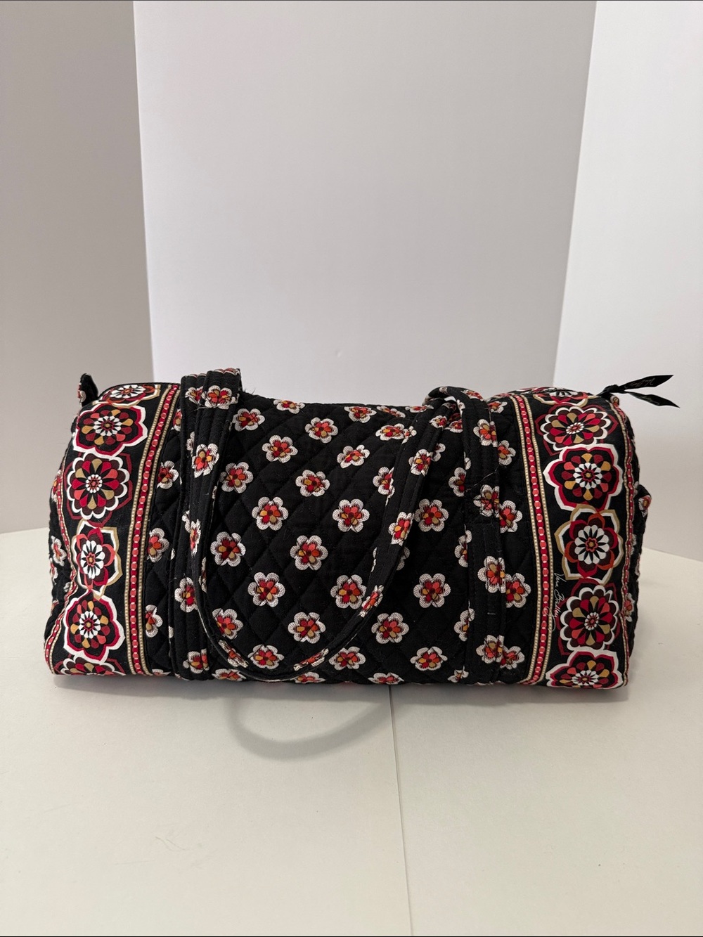 Vera Bradley Black Quilted Floral Travel Duffle with Pink & White Accents